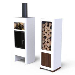 Disainkamin Unico Luna Steel valge kaminapuude hoidjaga