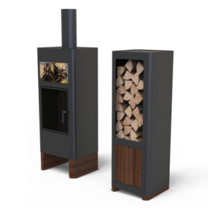Disainkamin Unico Luna Wood must kaminapuude hoidjaga