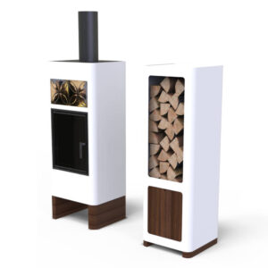 Disainkamin Unico Luna Wood valge kaminapuude hoidjaga