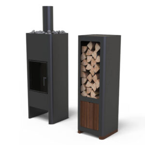 Disainkamin Unico Timo Steel must kaminapuude hoidjaga