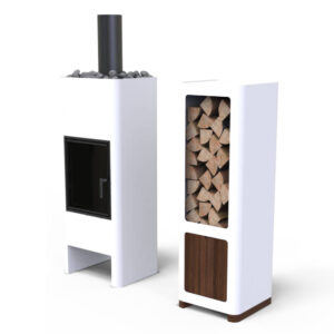 Disainkamin Unico Timo Steel valge kaminapuude hoidjaga