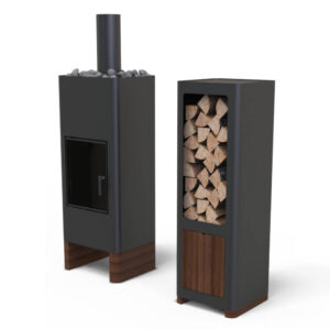 Disainkamin Unico Timo Wood must kaminapuude hoidjaga