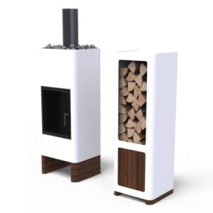 Disainkamin Unico Timo Wood valge kaminapuude hoidjaga